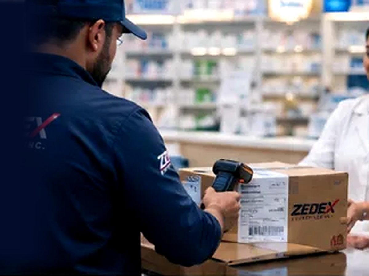 A Zedex courier scanning a parcel's label at a pharmacy counter