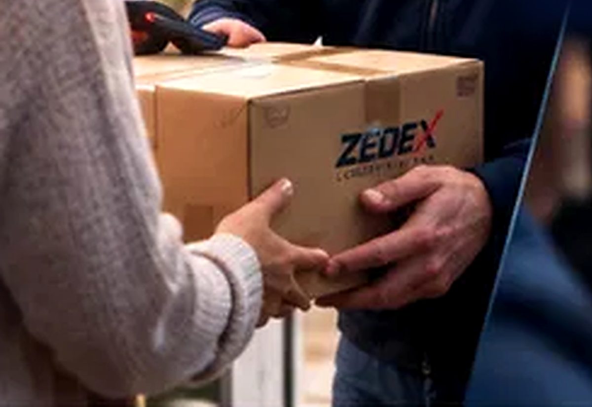A Zedex courier handing over a parcel, and the recipient's signature captured on a tablet